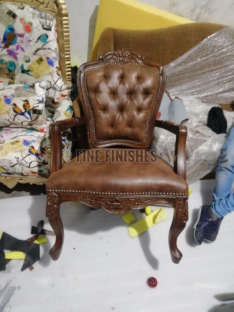 Royal Carved Wooden Leather Arm Chair