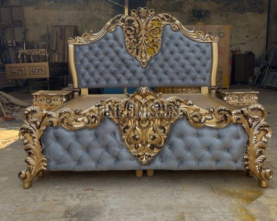 Royal Gold Finish Tufted Wooden King Size Bed