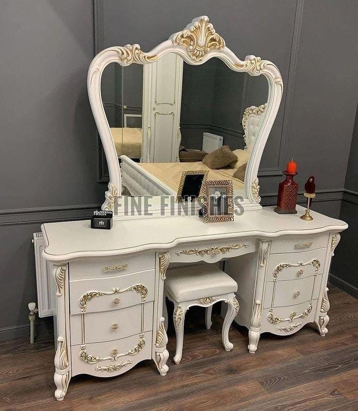 White & Golden Carved Vanity Table with Mirror