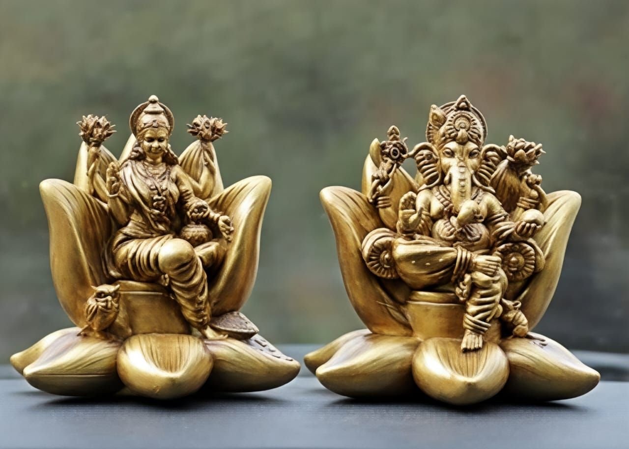 Antique Golden Lotus Lakshmi Ganesh Idols