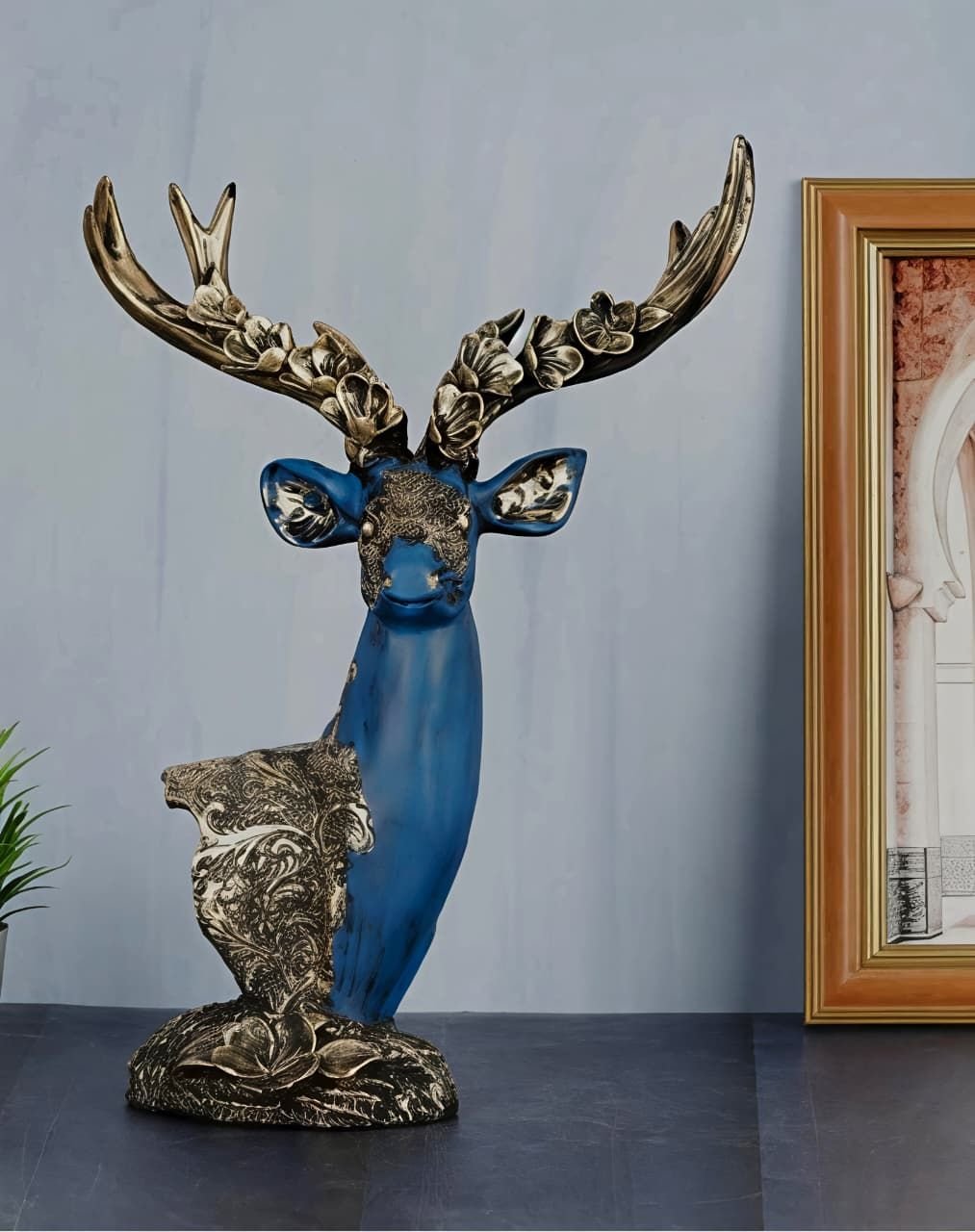 Artistic Blue & Golden Standing Deer Statue
