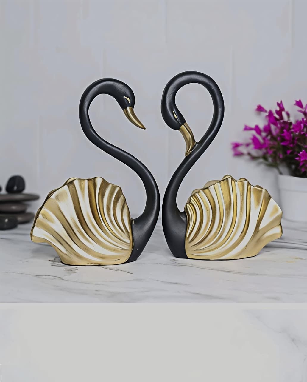 Black & Golden Shell Swan Pair Showpiece