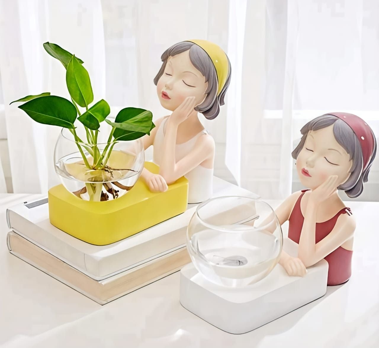 Cute Girl Figure Tabletop Planter with Glass Bowl