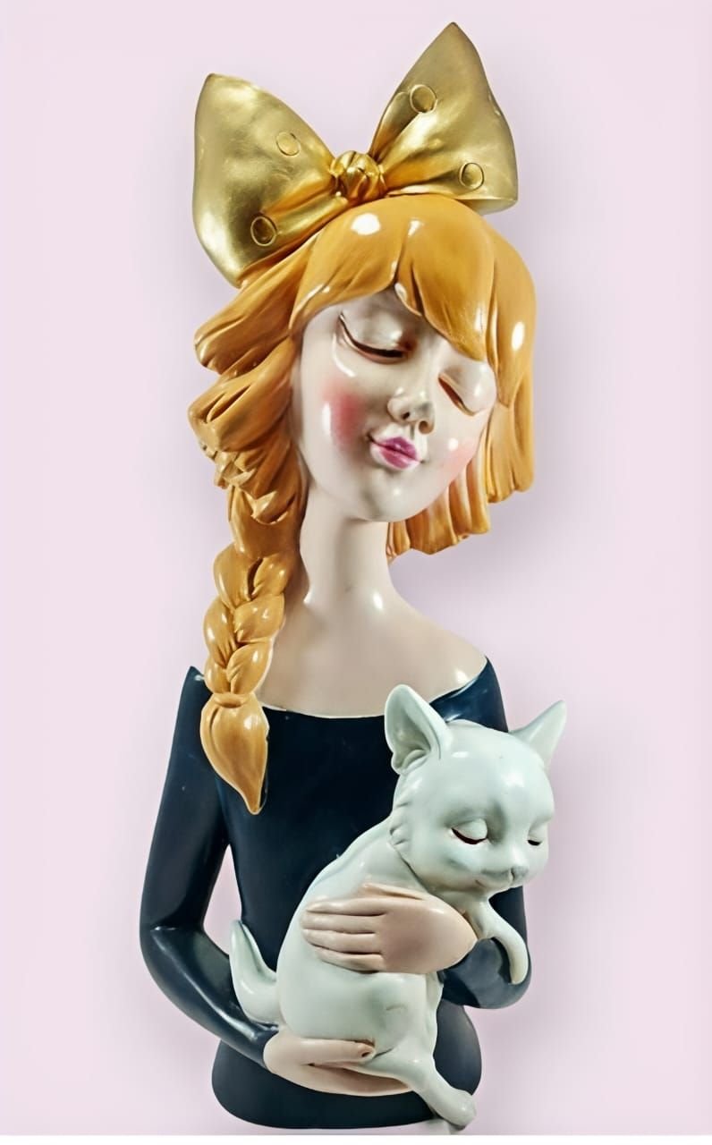 Cute Girl Holding Cat Figurine