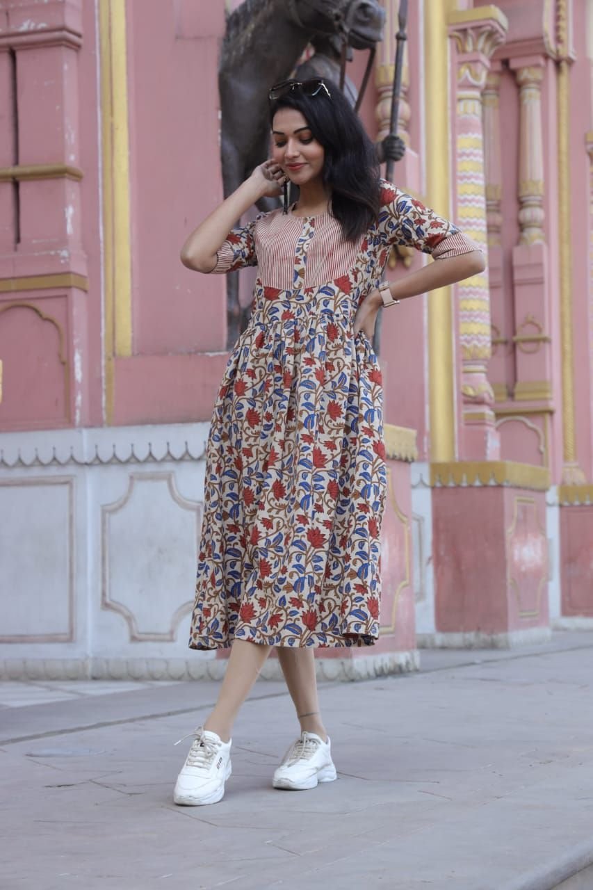 Ladies Beige Floral Printed Flared Kurti