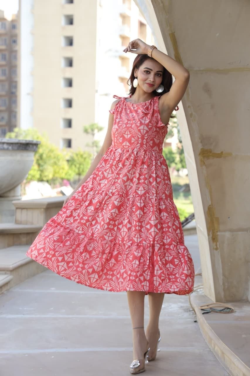 Ladies Coral Geometric Print Tiered Cotton Dress