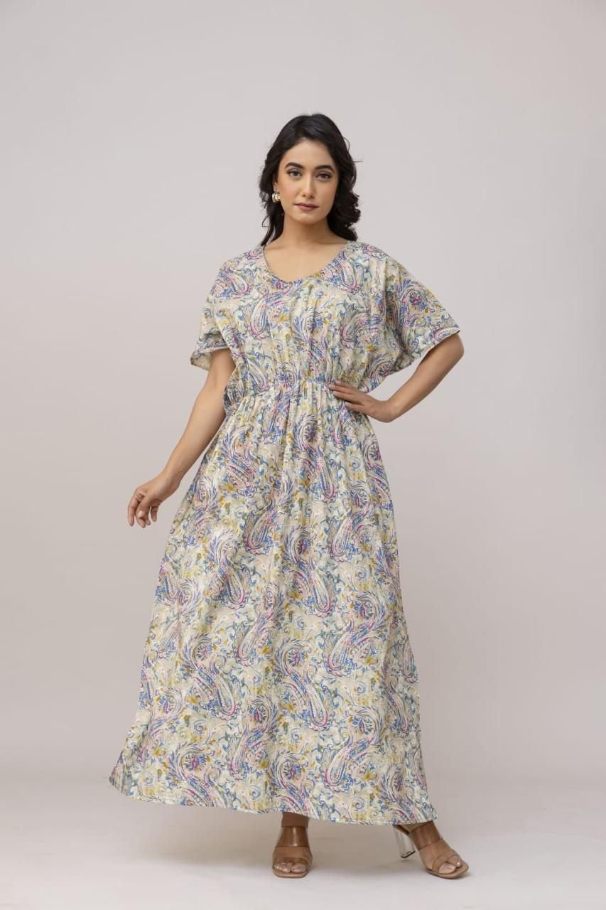 Ladies Cream Paisley Print Cotton Kaftan Dress