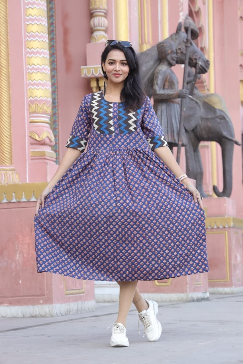 Ladies Indigo Blue Printed Flared Kurti