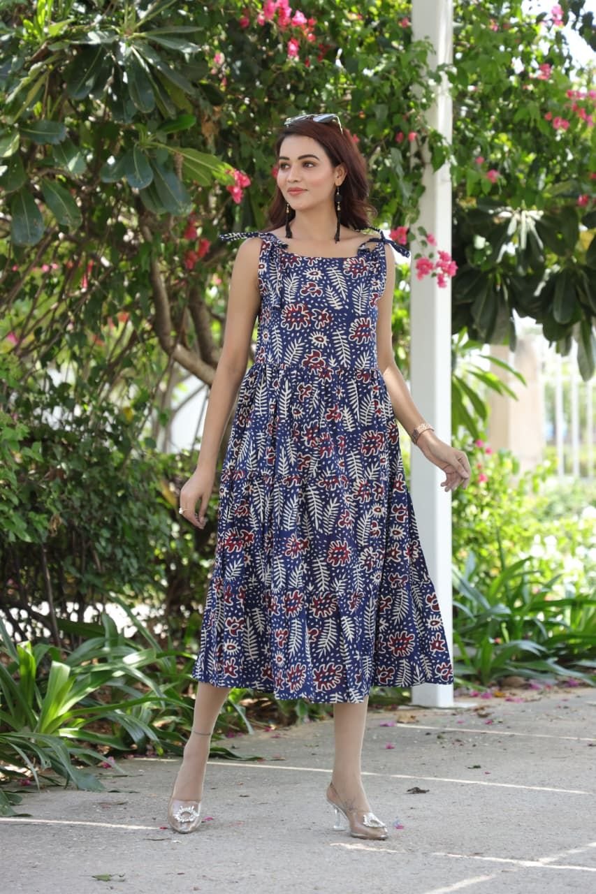 Ladies Indigo Dabu Print Tiered Cotton Dress