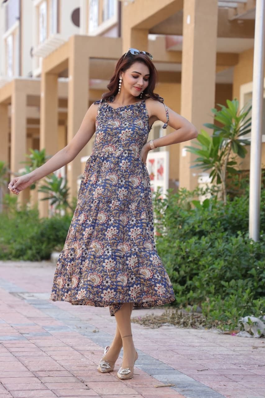 Ladies Indigo Floral Print Tiered Cotton Midi Dress