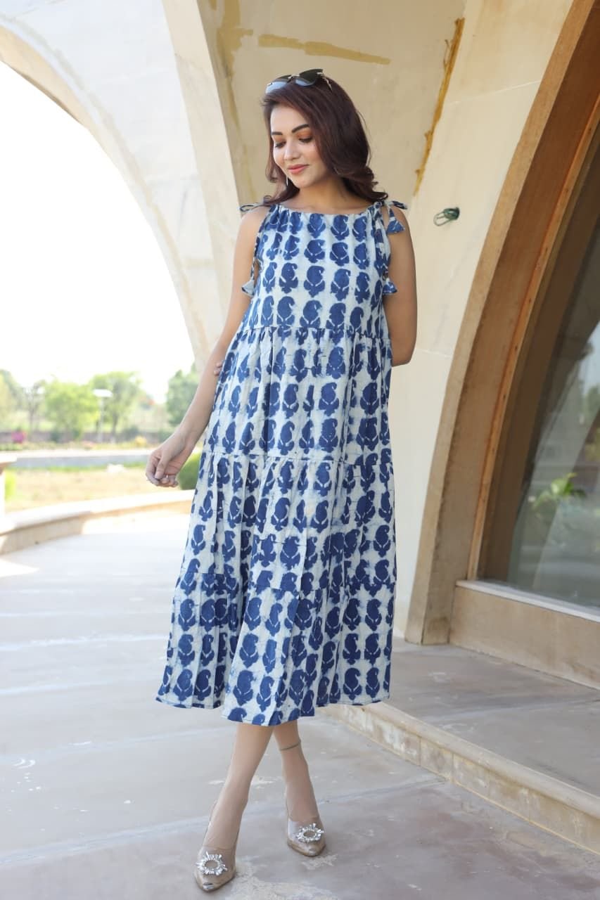 Ladies Indigo Leaf Print Tiered Cotton Dress