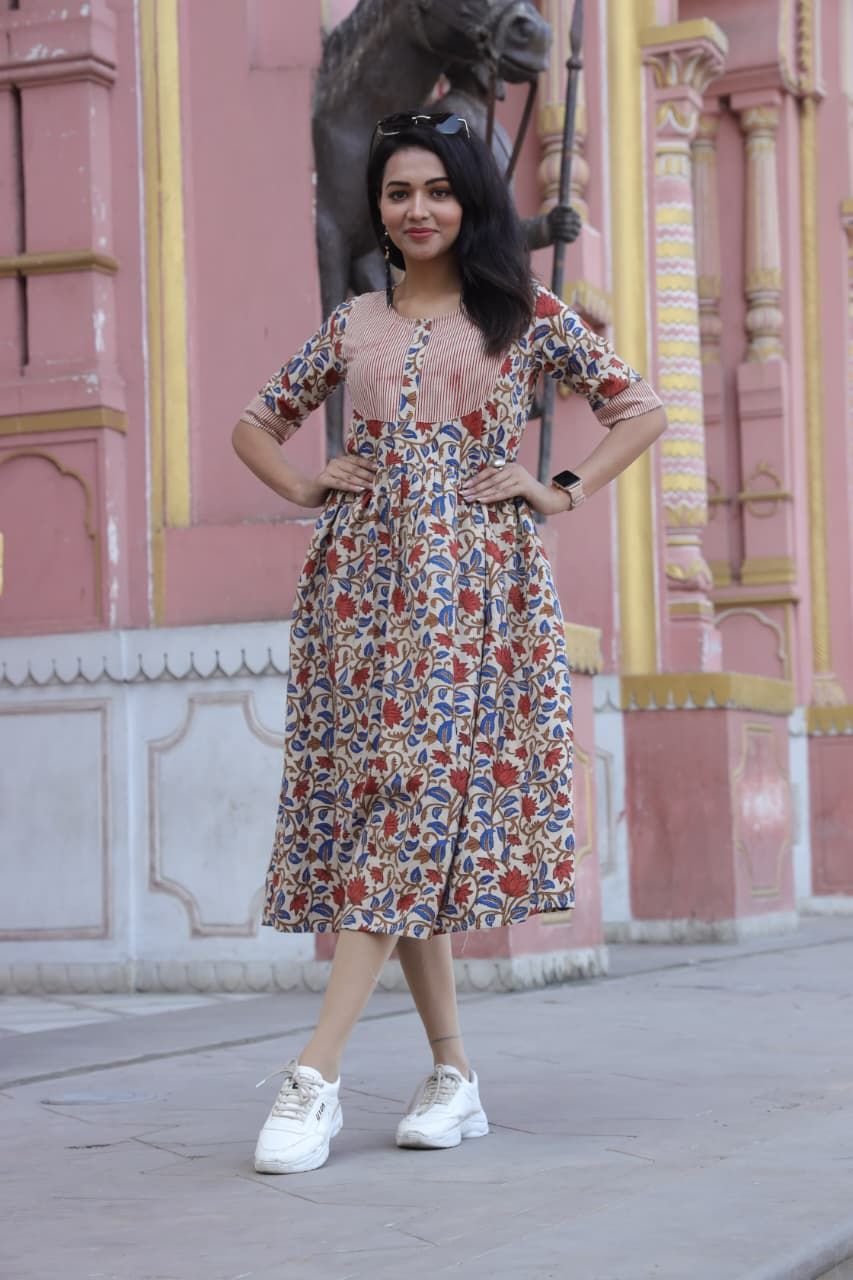 Ladies Jaipuri Floral Block Print Midi Dress
