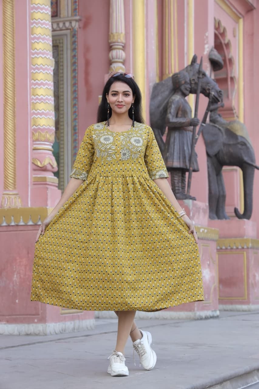 Ladies Mustard Yellow Printed Flared Dress