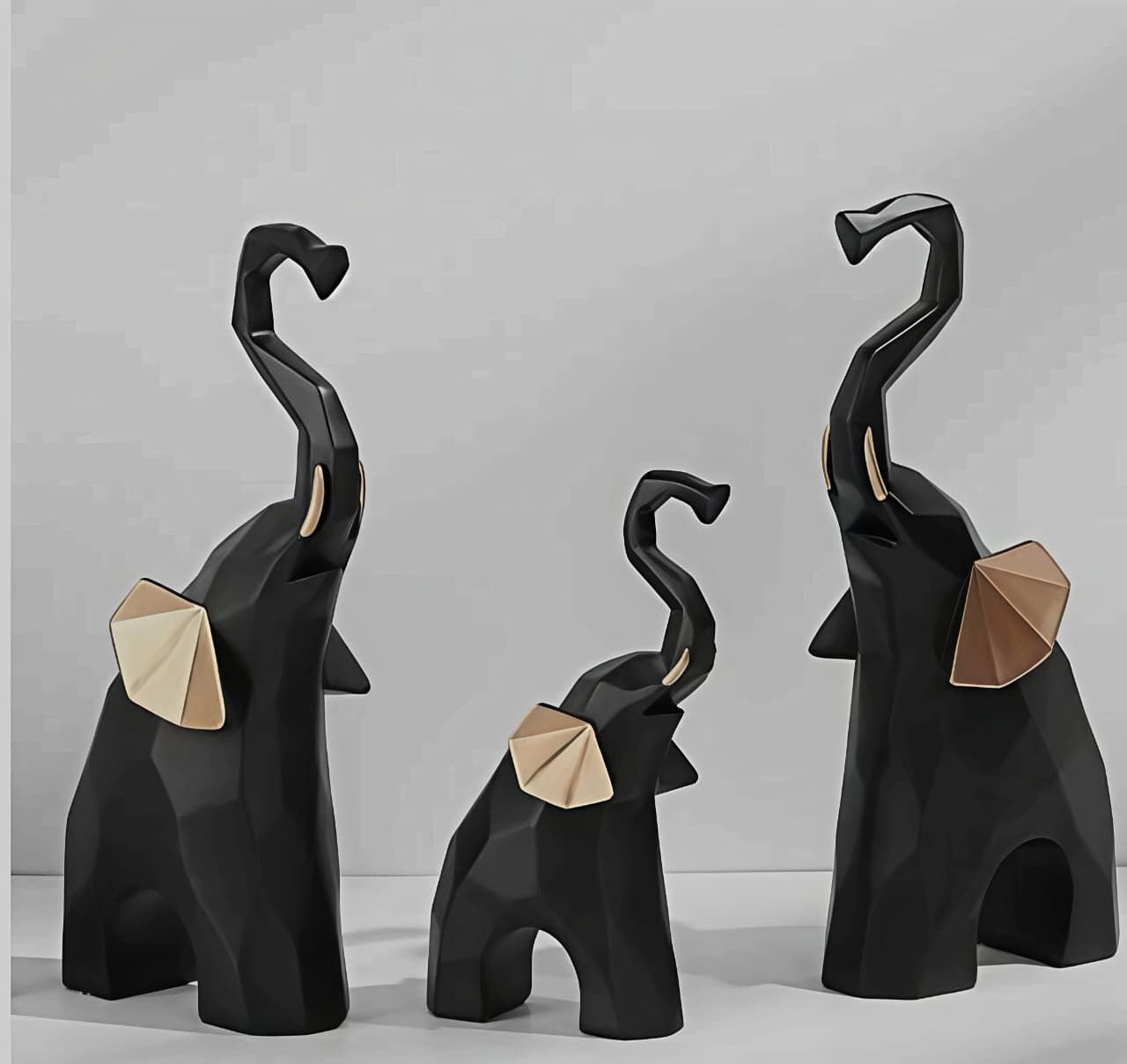 Modern Abstract Black Elephant Figurine Set