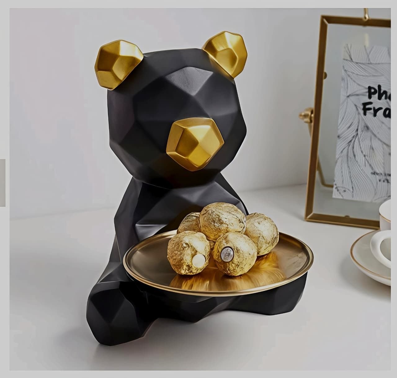 Modern Black & Gold Bear Decorative Tray Sculpture