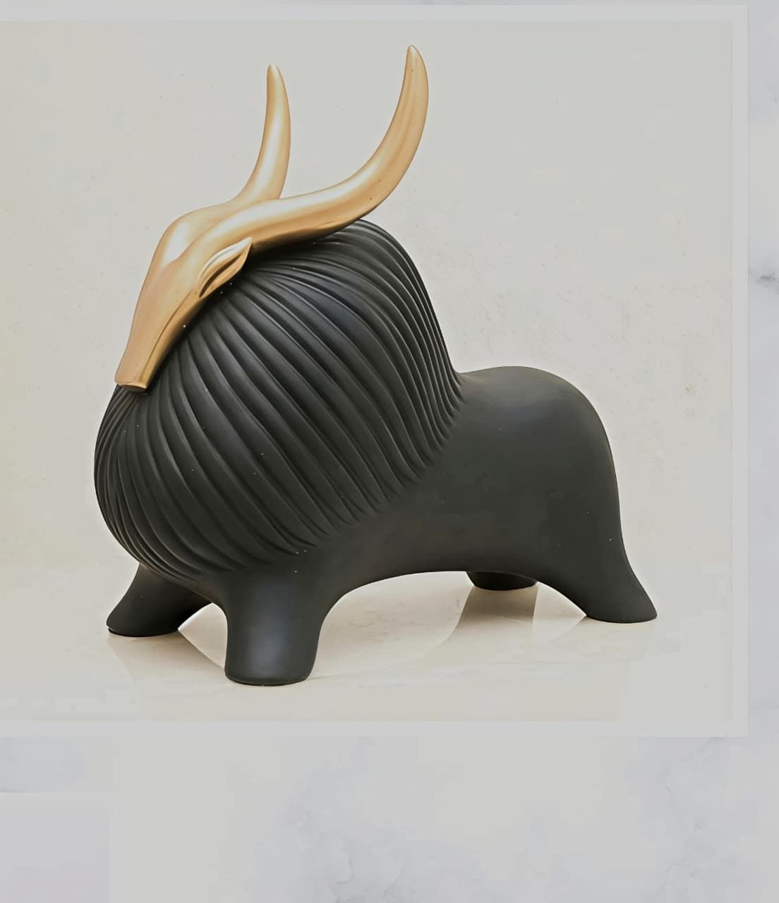 Modern Black & Golden Horn Bull Sculpture