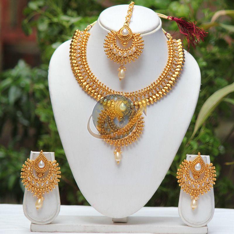 Golden Beautiful Stone Work Imitation Necklace Set