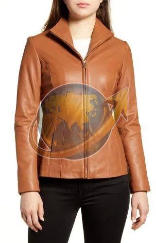 Ladies Full Sleeve Tan Brown Leather Jacket