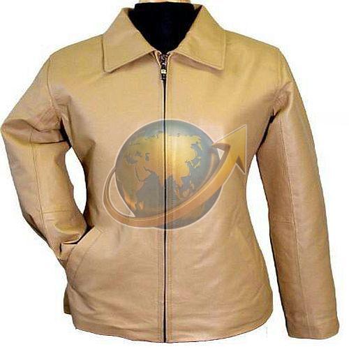 Ladies Plain Beige Leather Jacket