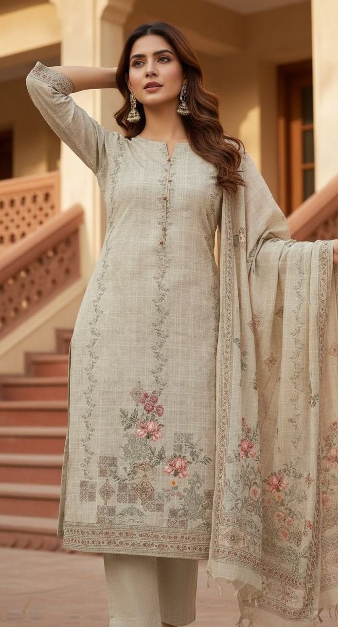 Beige Linen Unstitched Suit