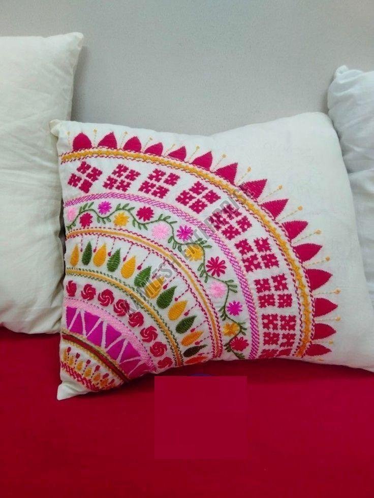 Colorful Circular Pattern White Cotton Embroidered Cushion Cover