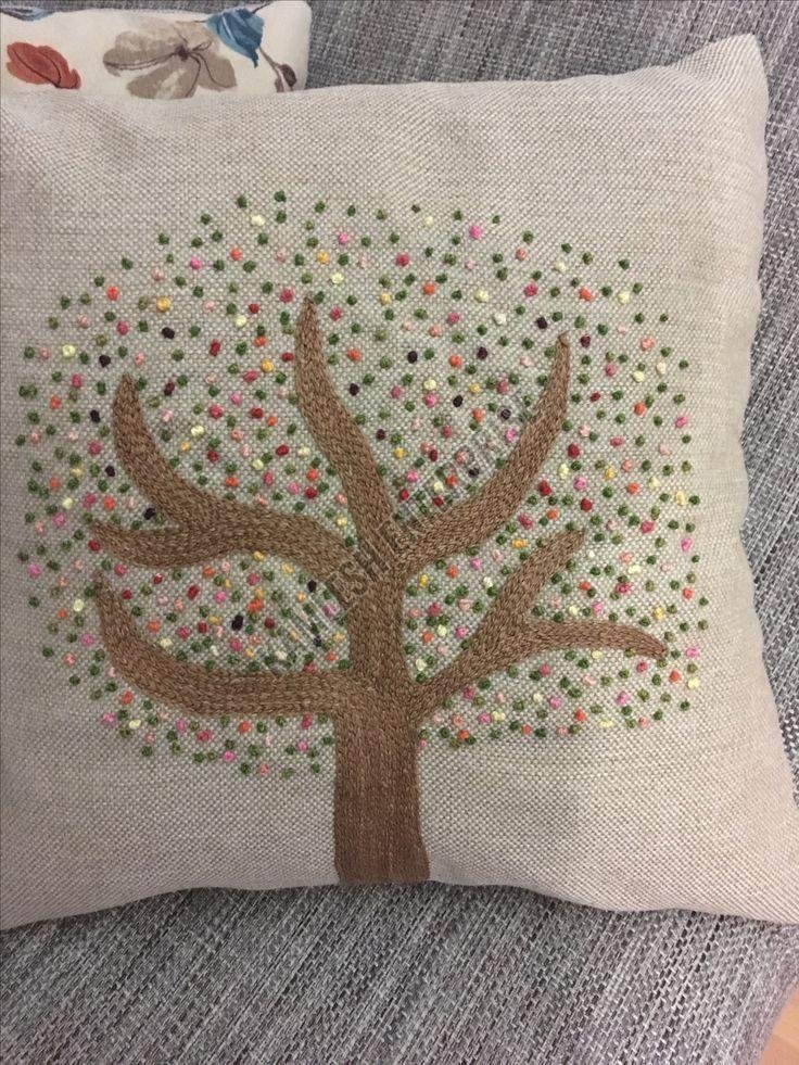 French Knot Embroidered Tree Motif Cushion Cover