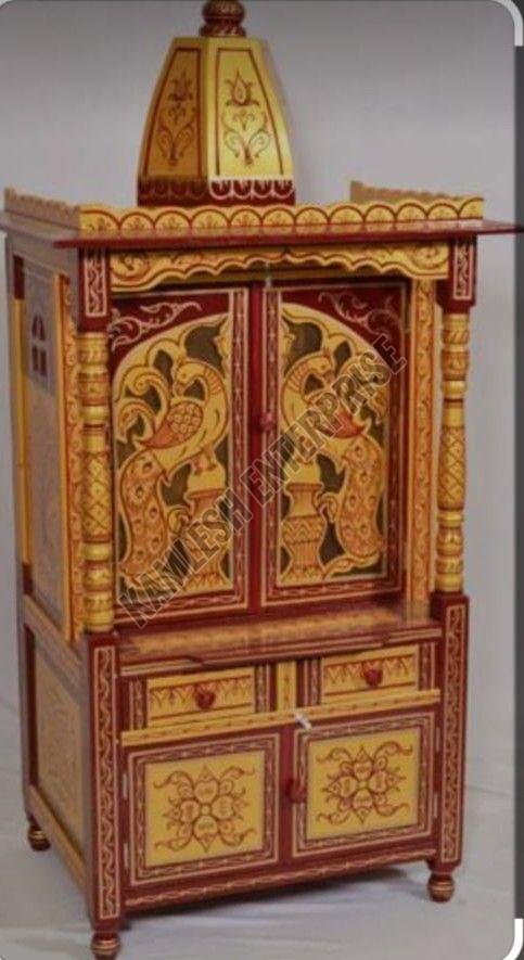 Handcrafted Wooden Temple with Peacock Design