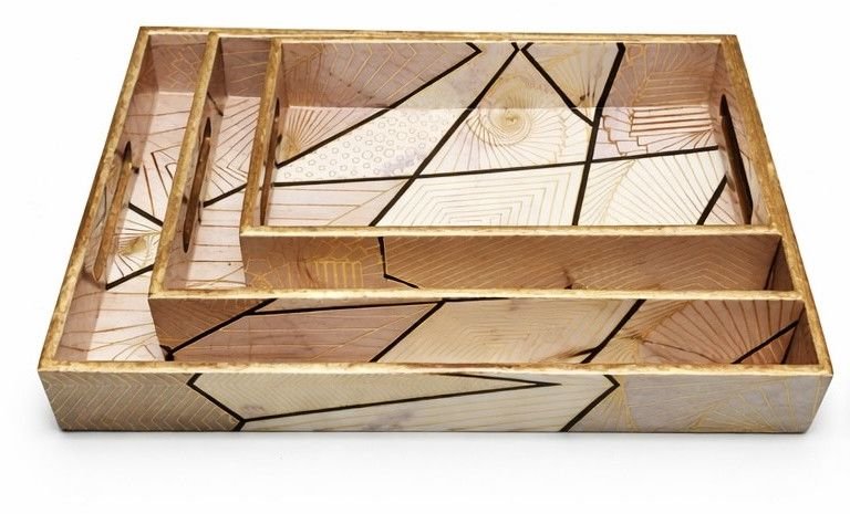 Geometric Designer Rectangular Wooden Serving Tray Set