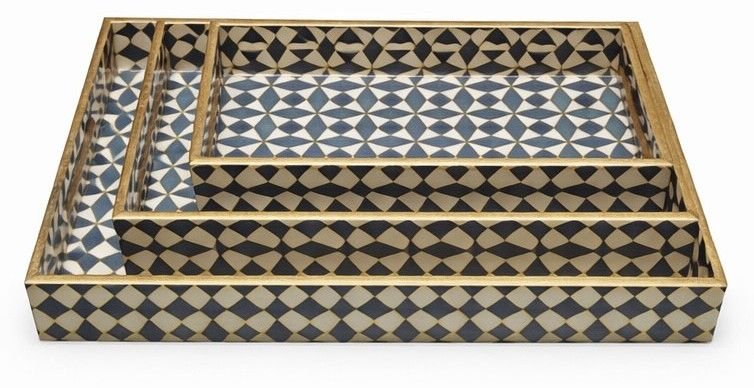 Geometric Motif Rectangular Wooden Serving Tray Set