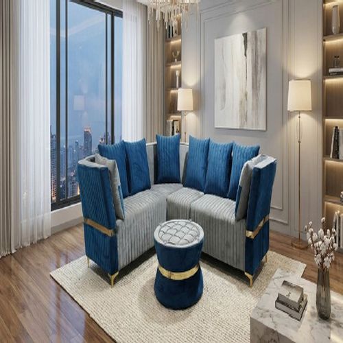 Modern Blue Grey Fabric Corner Sofa Set