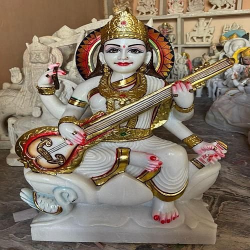 White and Golden Marble Saraswati Mata Statue
