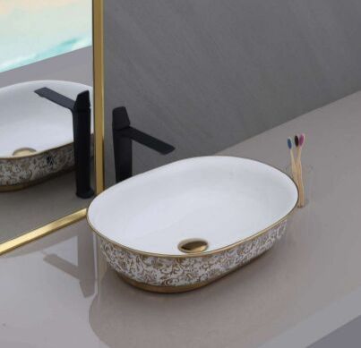 Floral Golden Pattern Ceramic Table Top Wash Basin