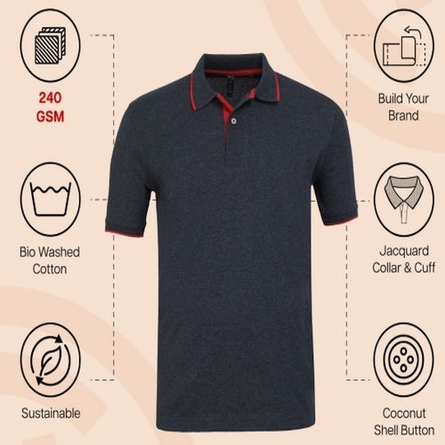 Mens Charcoal With Red Cotton Jacquard Polo T-Shirt