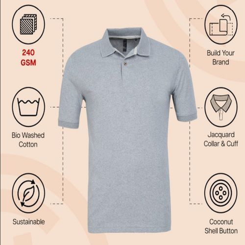 Mens Grey Melange Cotton Jacquard Polo T-Shirt