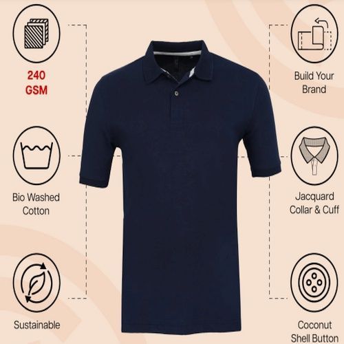 Mens Navy Blue Cotton Jacquard Polo T-Shirt
