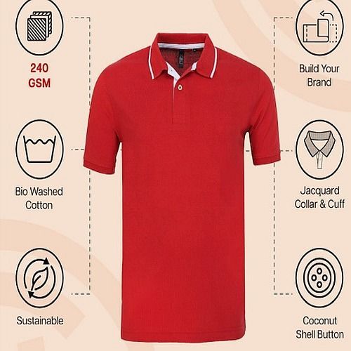 Mens Red with White Tip Cotton Jacquard Polo T-Shirt