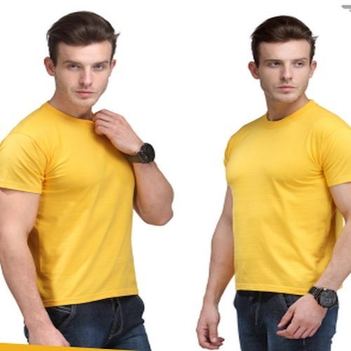 Mens Yellow Cotton Round Neck T-Shirt