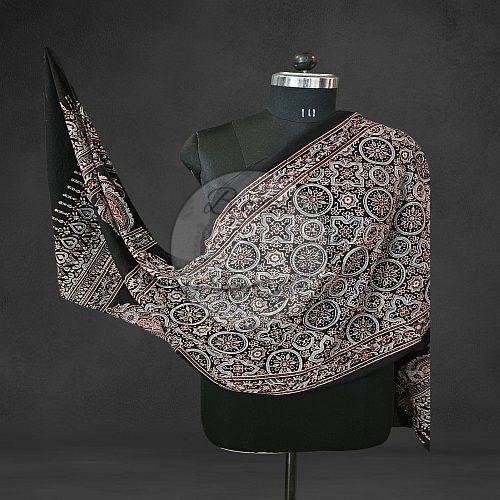 Black Maroon and Blue Ajrakh Print Mul Cotton Stole