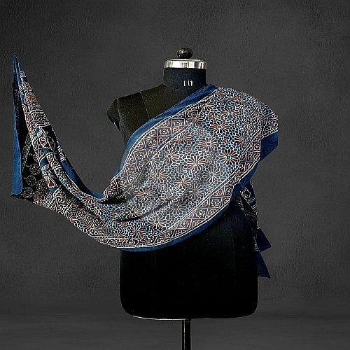 Blue Red and Black Ajrakh Print Mul Cotton Stole