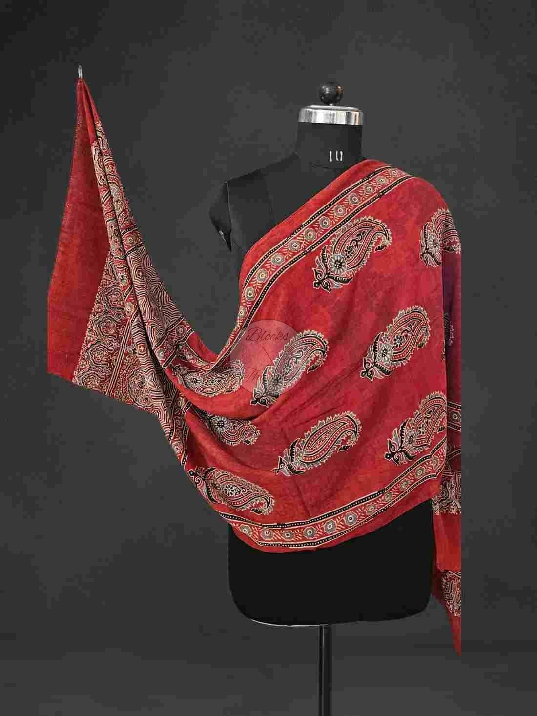 Brick Red Blue and Black Ajrakh Print Mul Cotton Stole
