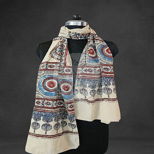 Off White Red and Blue Ajrakh Print Mul Cotton Stole