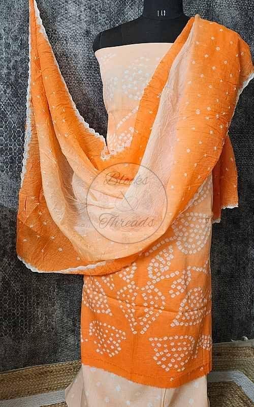 Orange Bandhani Cotton Suit Material with Mul Cotton Dupatta