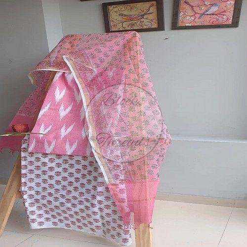 Pink Ikat and Bagru Hand Block Unstitched Cotton Suit