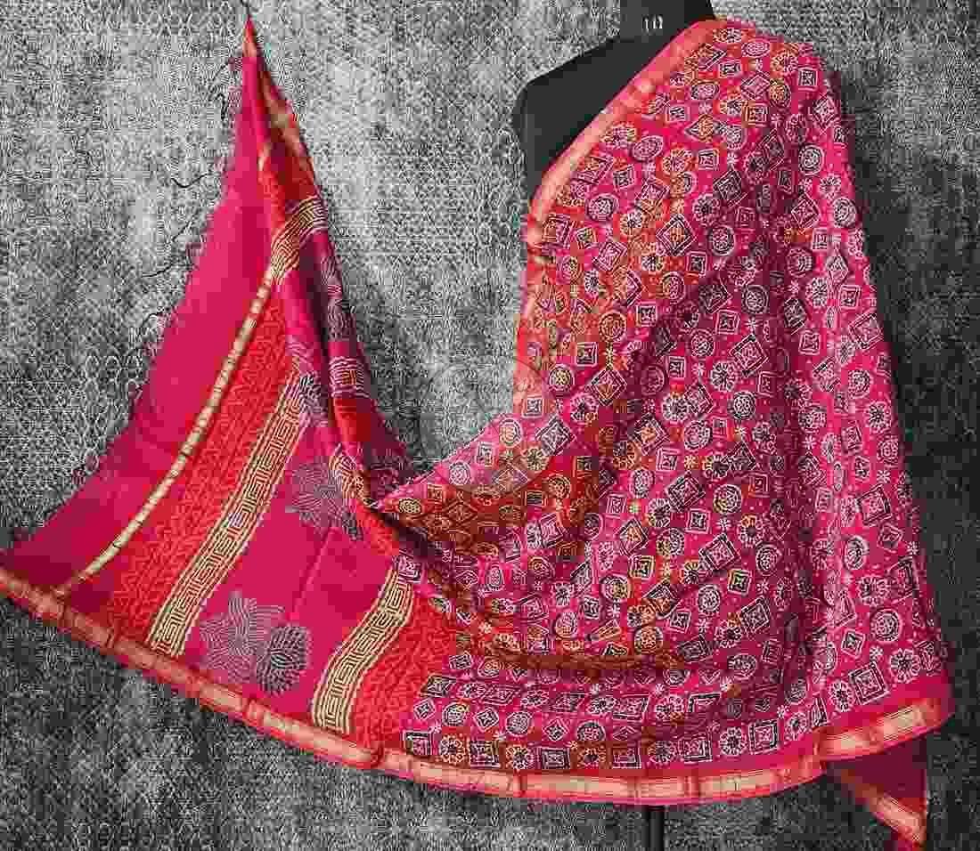 Red Black and Beige Chanderi Block Print Dupatta