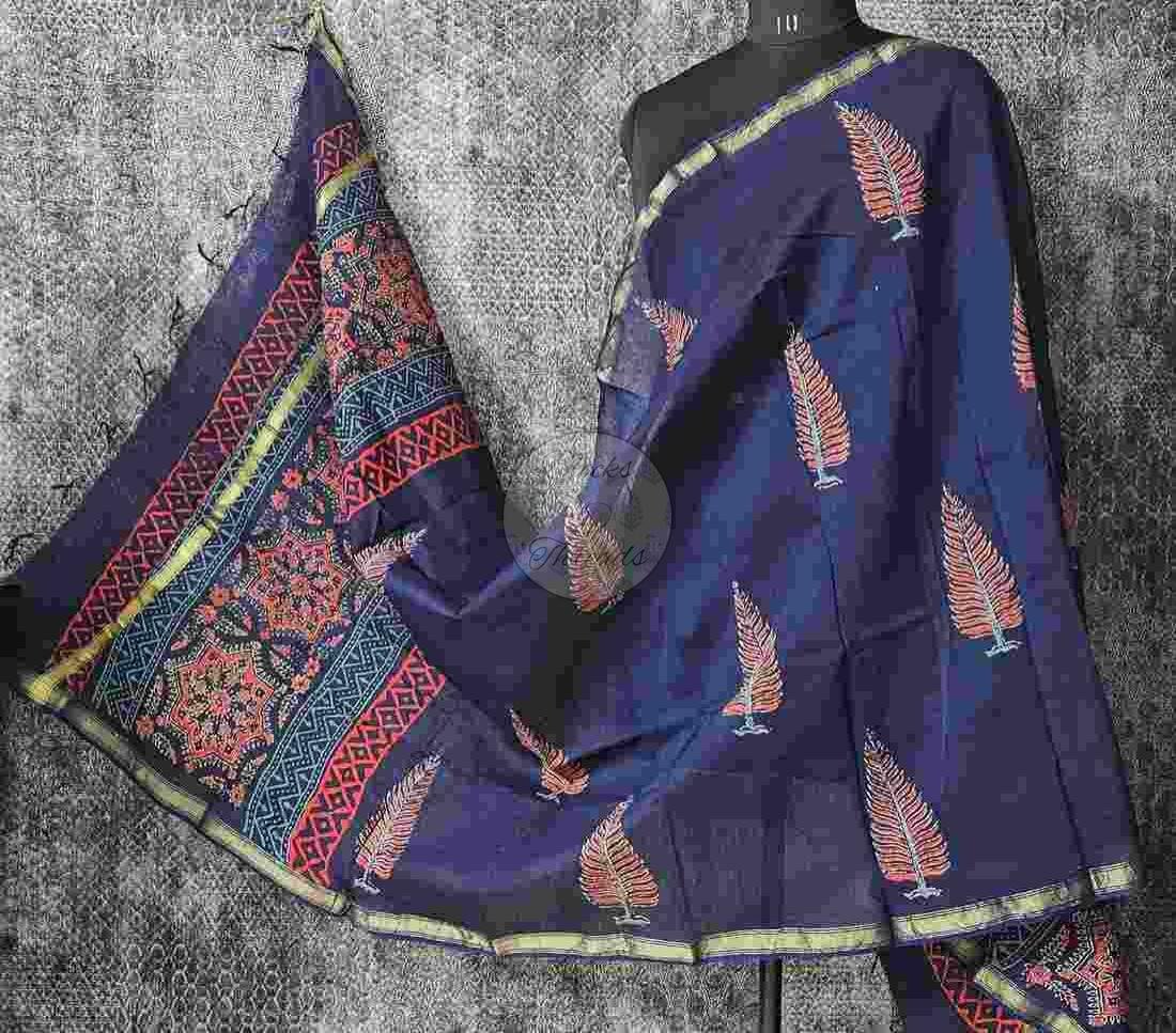 Royal Blue Red and Green Chanderi Block Print Dupatta