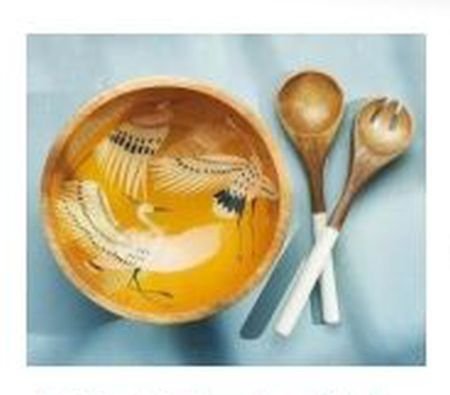 Bird Printed Round Mango Wood Serving Bowl Set