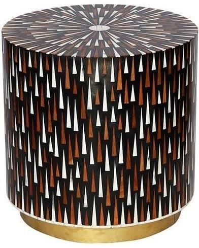 Bone Inlay Drum Side Table with Brass Brushed Base