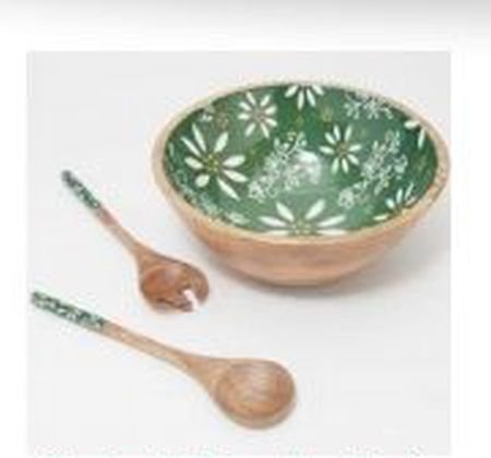 Green Enameled Mango Wood Serving Bowl Set