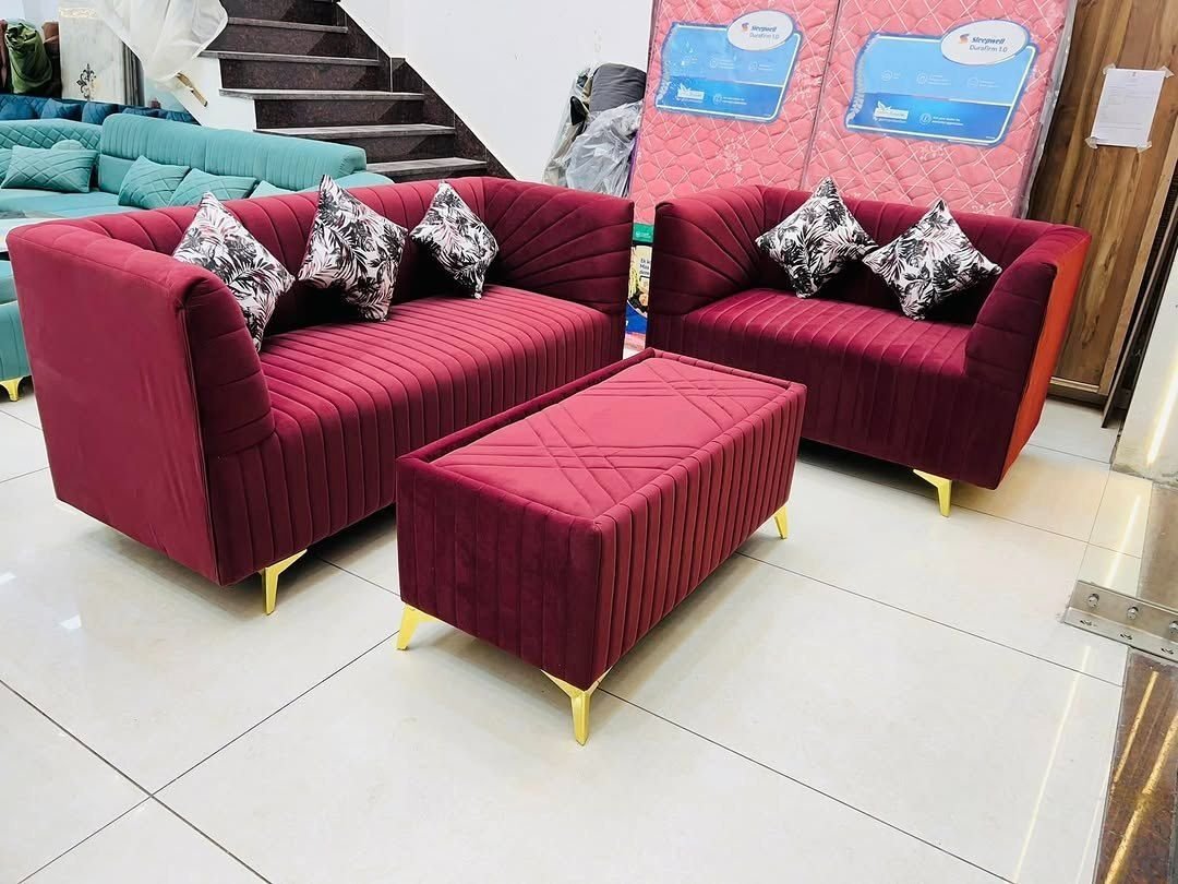 Maroon Velvet Wooden Sofa Set