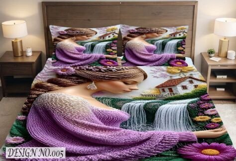 3D Elegant Lady Waterfall Designer Double Bed Bedsheet with Pillow Covers